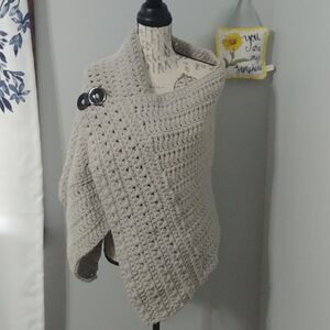 Handmade Crocheted Heavyweight Left Handed Light Grey Shawl/Poncho